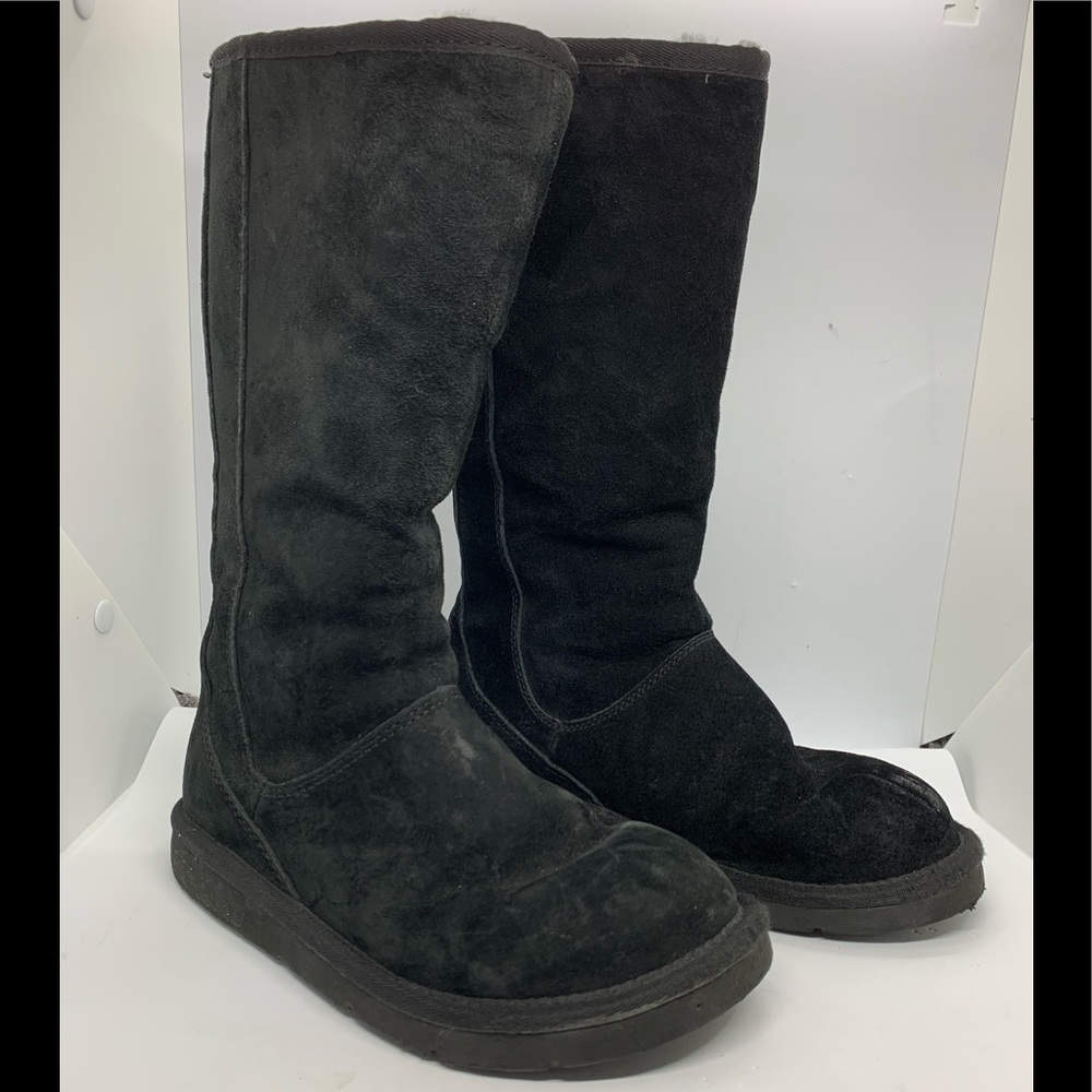 UGG Black Tall Leather Boots Zipper Back Sz5 6